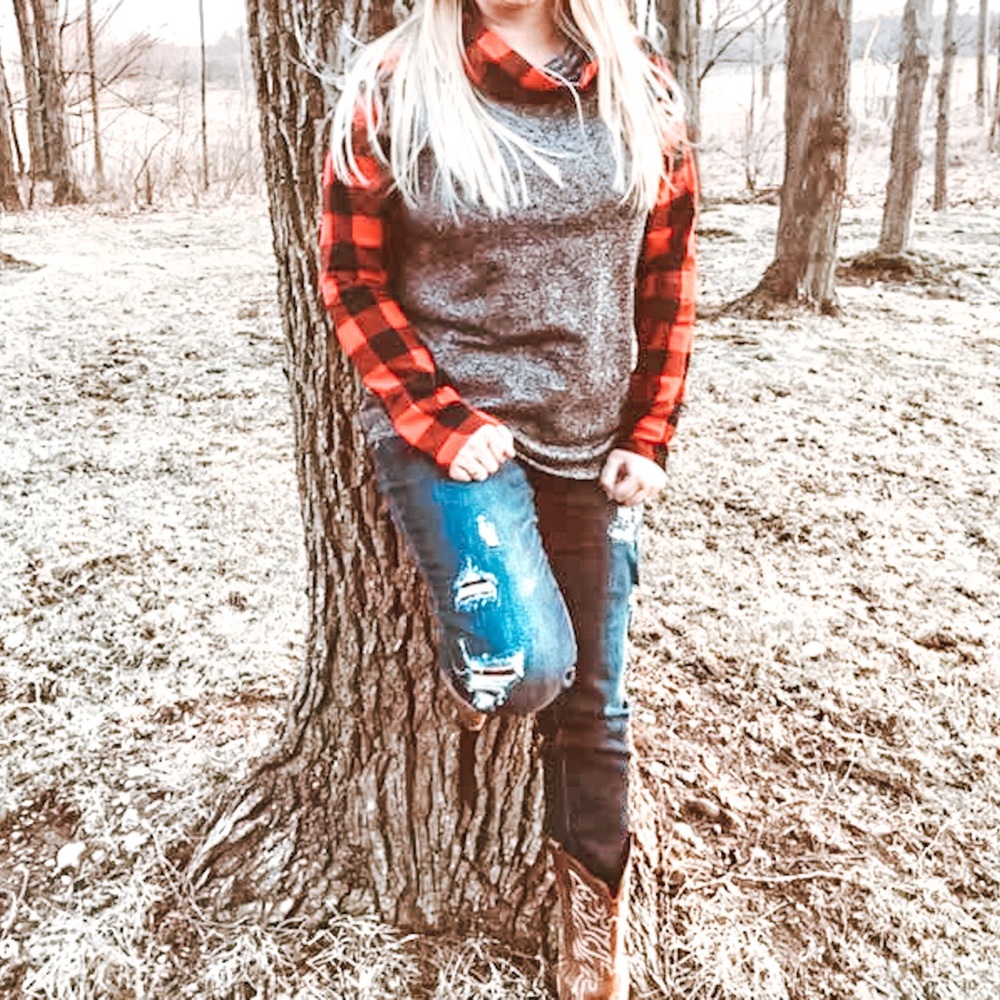 BOUTIQUE-COWL NECK BUFFALO PLAID AND GREY LONG-SLEEVE SWEATSHIRT